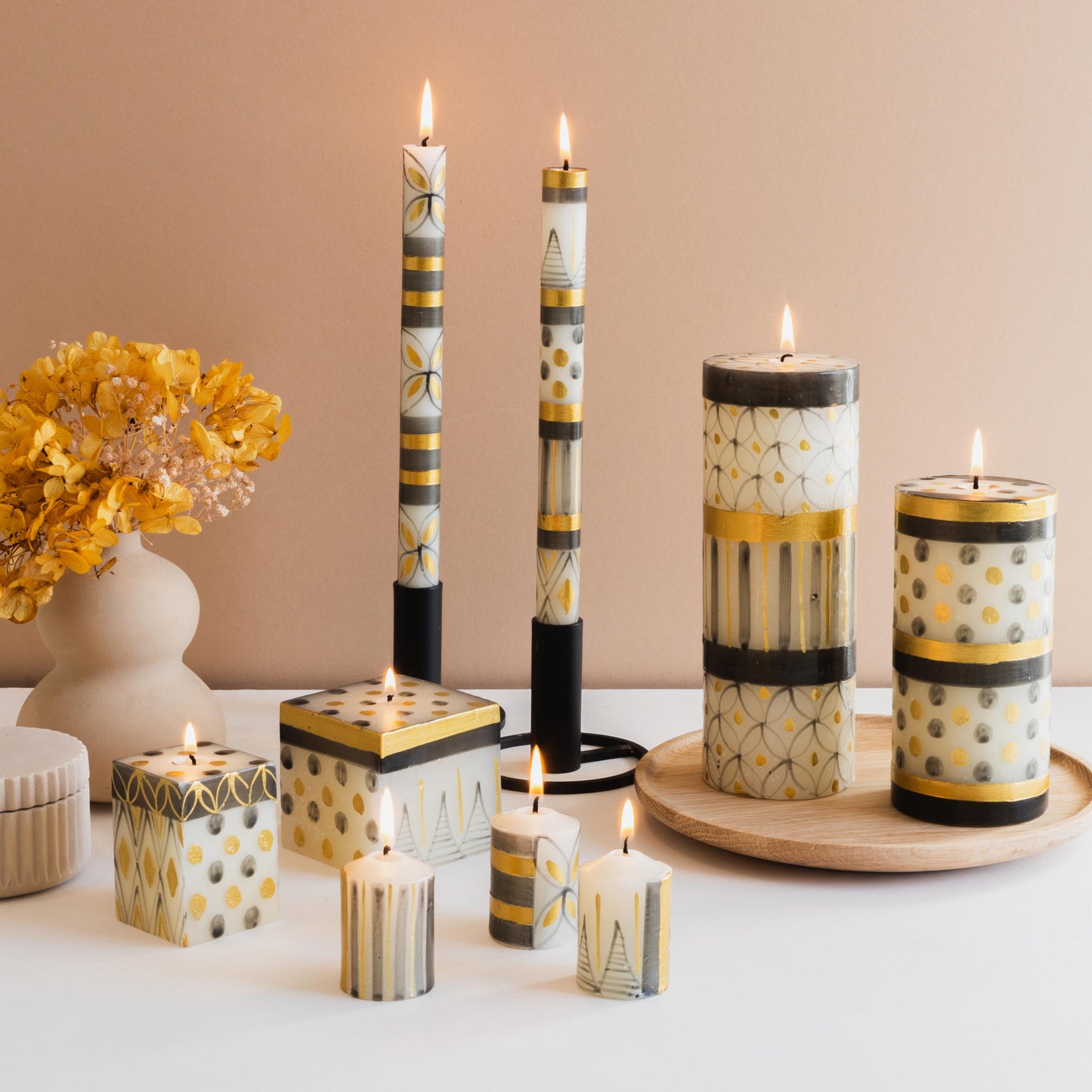 Hand Painted Cube Candle - Black & Gold