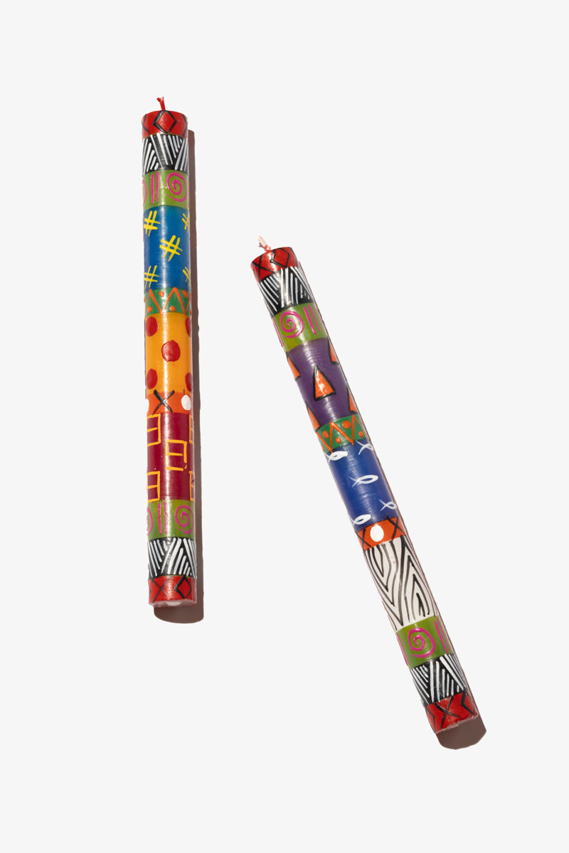 Hand Painted Dinner Candle Pair - Multi Coloured Ethnic