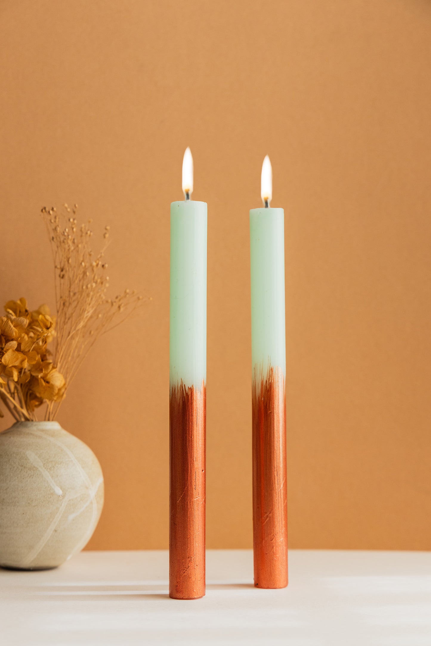 Hand Painted Dinner Candle Pair - Bronze Ombre with Mint Green
