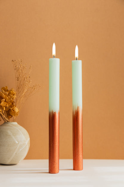 Hand Painted Dinner Candle Pair - Bronze Ombre with Mint Green