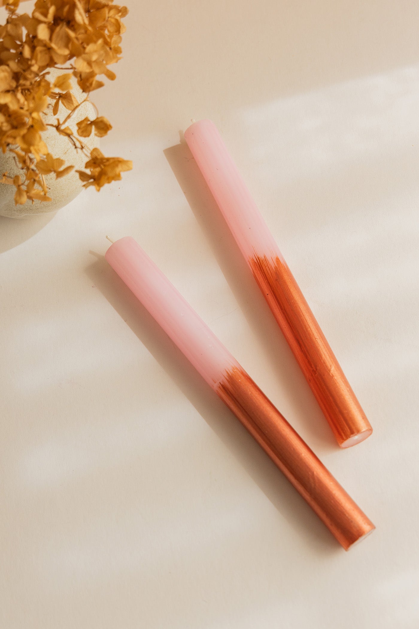 Hand Painted Dinner Candle Pair - Bronze Ombre with Pink