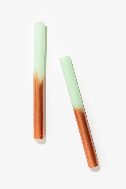 Hand Painted Dinner Candle Pair - Bronze Ombre with Mint Green