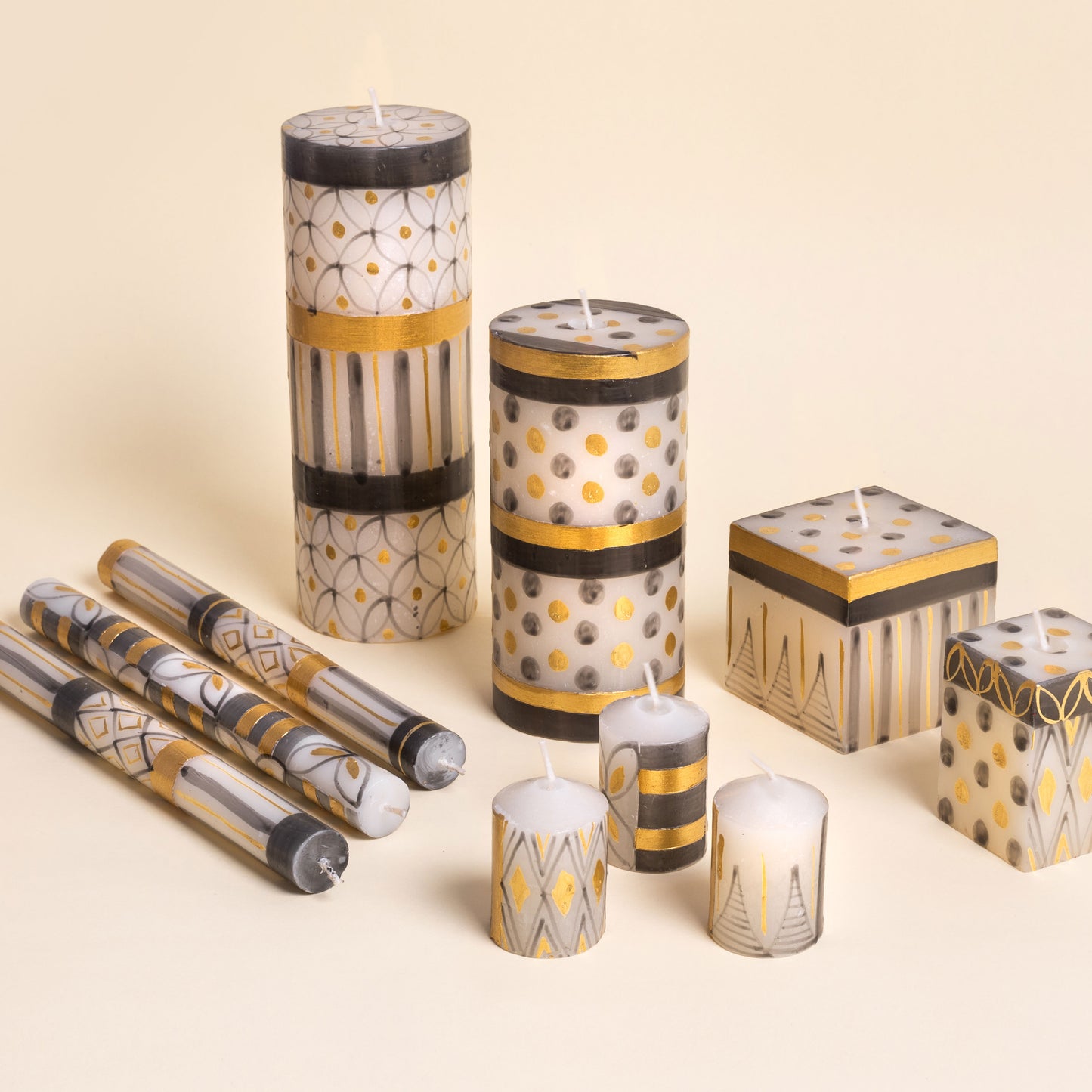 Hand Painted Dinner Candle Pair - Black & Gold
