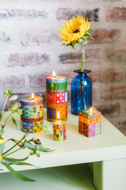 Hand Painted Cube Candle - Multi Coloured Ethnic