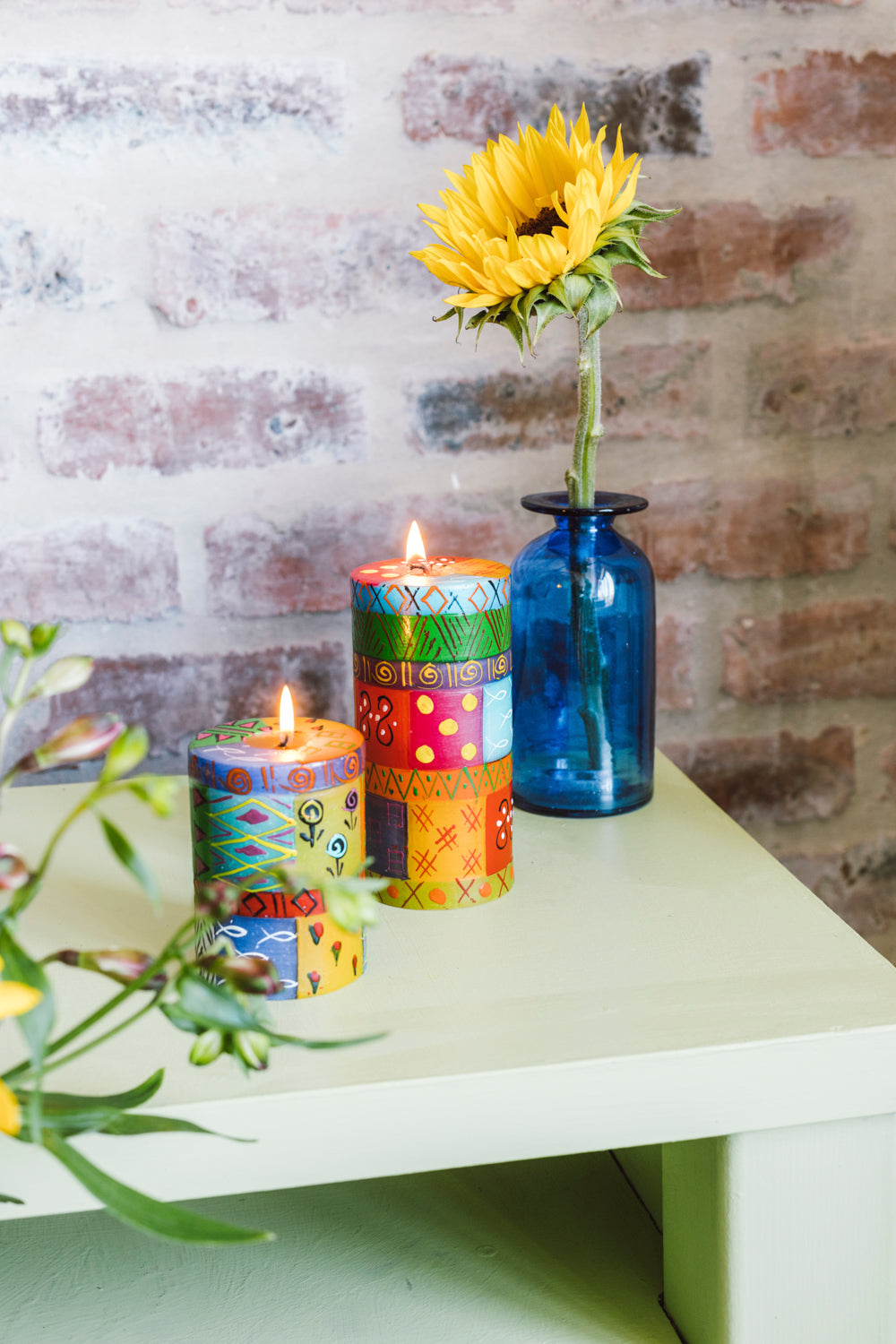 Hand Painted Pillar Candle - Multi Coloured Ethnic