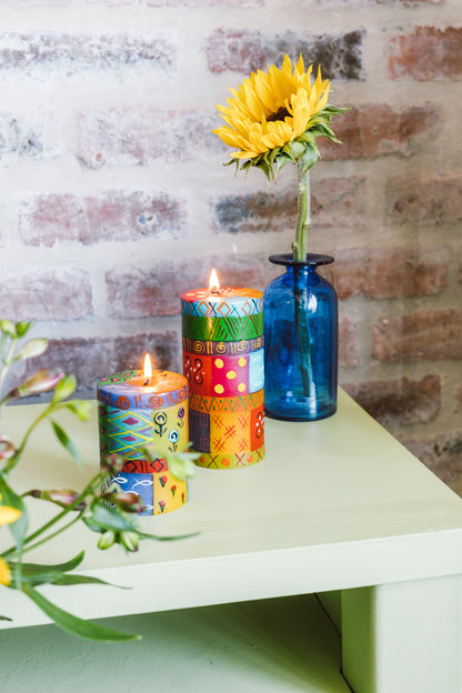 Hand Painted Pillar Candle - Multi Coloured Ethnic