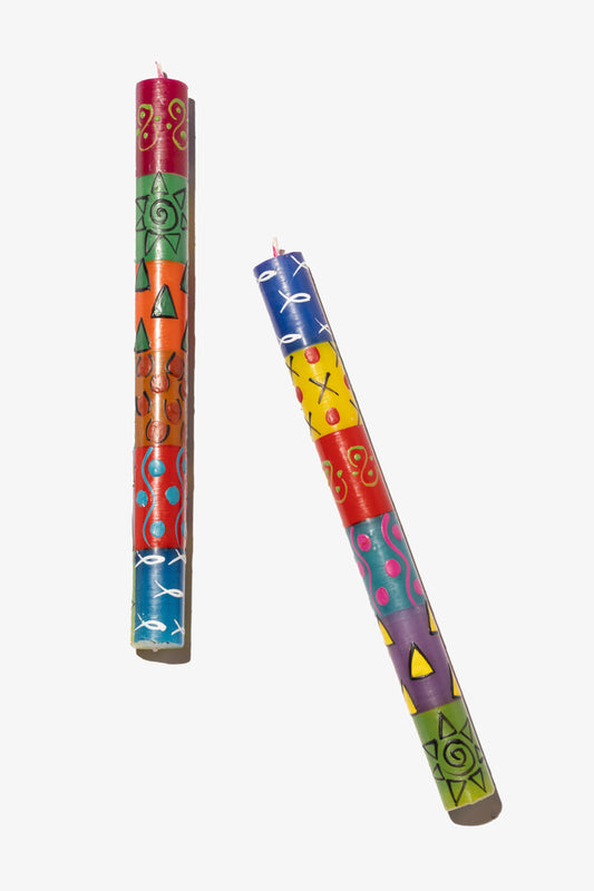 Hand Painted Dinner Candle Pair - Multi Coloured Ethnic